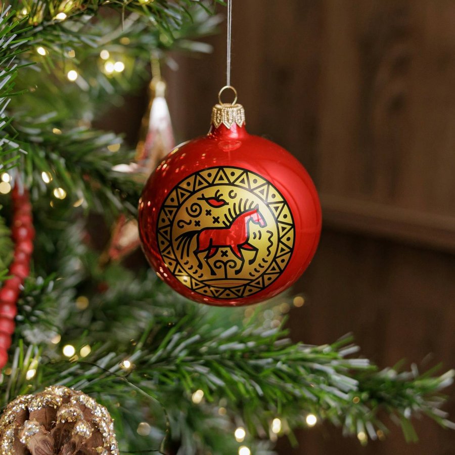 Шар новогодний Новогодний шар с мезенским конём. Год Коня, как никак! Пусть ваша ёлка станет ещё красивее! Диаметр 80 мм, стекло.